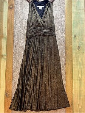 Evan Picone Metallic Bronze V-Neck Maxi Dress